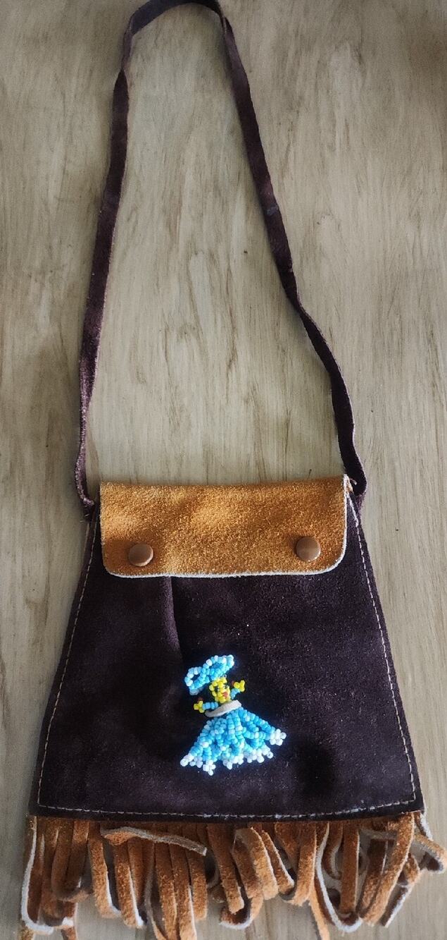 Vintage Tourist Gift Shop Small Leather Shoulder Bag W/ Bead Worry Doll See Pic